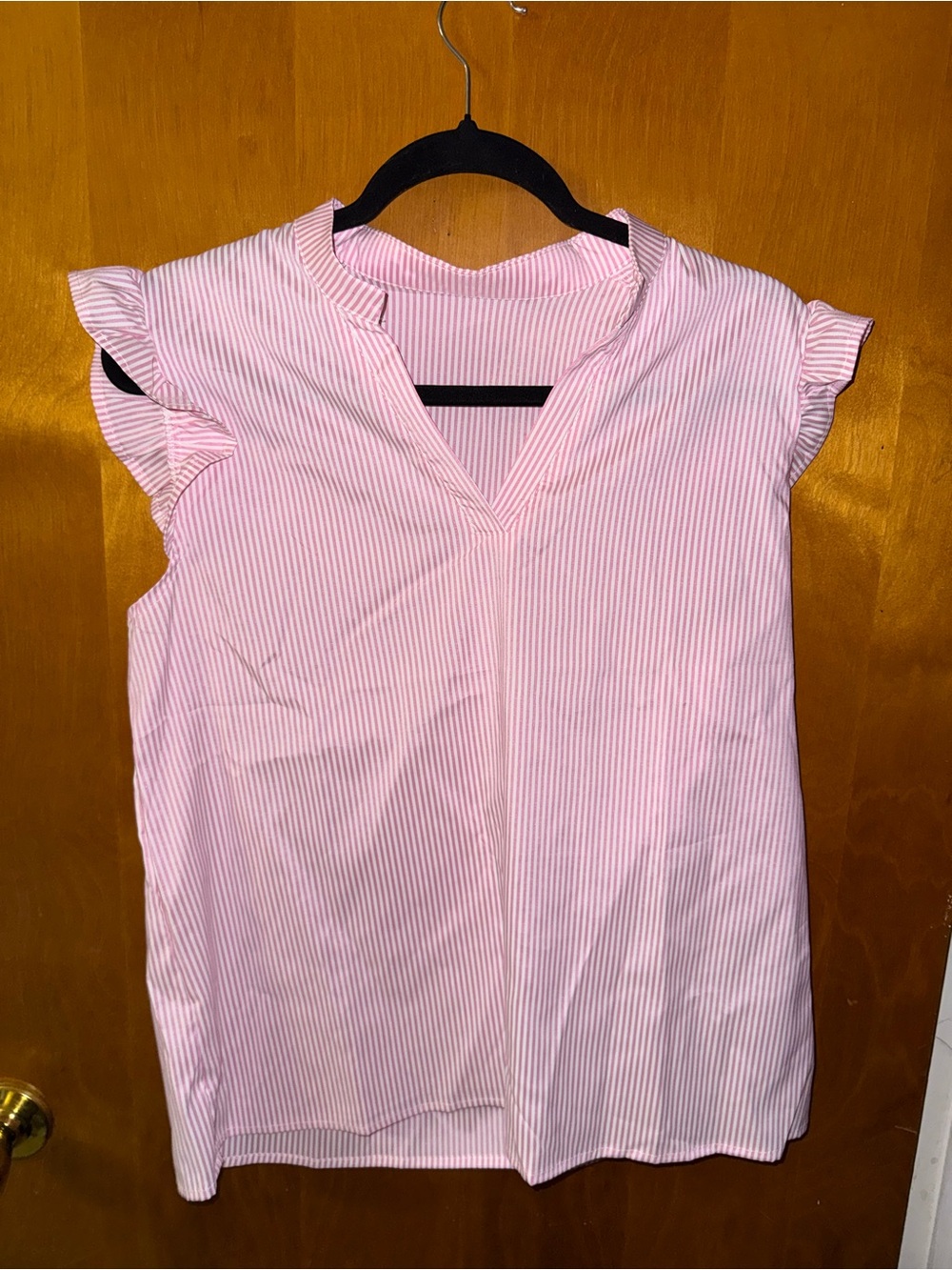 SHEIN Pink Striped V-Neck Cap-Sleeve Blouse